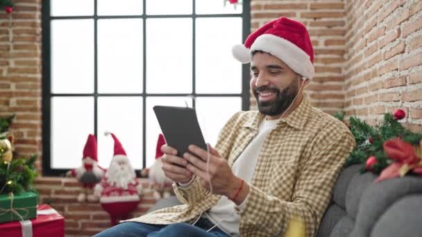 Young Hispanic Man Celebrating Christmas Having Video Call Home — Stock Video