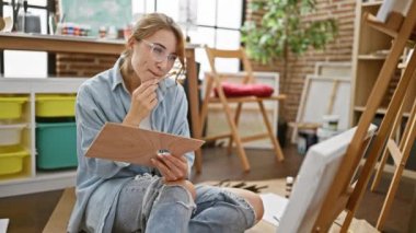 Young woman artist sitting on floor drawing at art studio