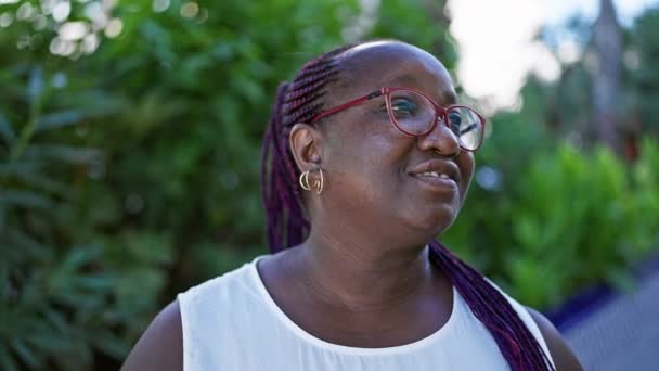 Mujer Afroamericana Alegre Segura Misma Pie Sonriendo Aire Libre Parque — Vídeo de stock