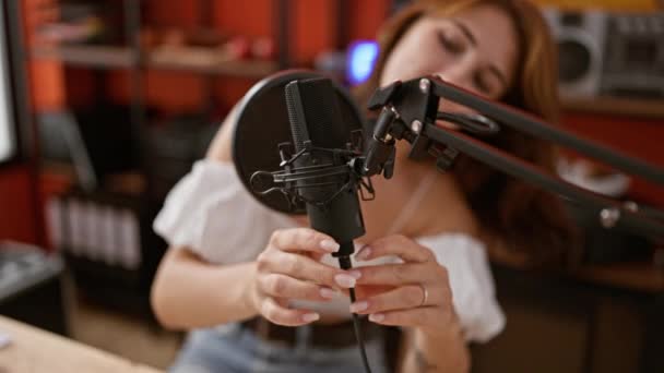 Молодая Женщина Радиорепортер Подключает Микрофон Наушниках Студии Радио — стоковое видео