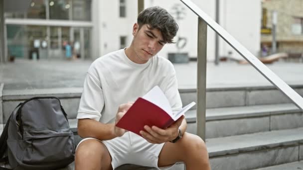 Cool Young Hispanic University Student Engrossed Reading Captivating Book Sunny — Stock Video