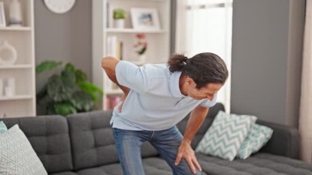 Middle Age Man Suffering Backache Sitting Sofa Home — Vídeo de Stock