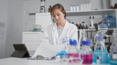 Ciddi sarışın kadın bilim adamı araştırmaya daldı, elinde tüp tutuyordu ve tıp laboratuarındaki panoya notlar alıyordu..