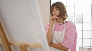 Kendine güvenen genç İspanyol kadın sanatçı, resmine bakıyor ve düşünüyor, canlı bir sanat stüdyosunda, elinde fırçalarla önlüğe sarılı duruyor..