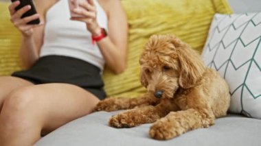 Kafkasyalı genç bir kadın elinde köpeğiyle evdeki kanepede oturmuş akıllı telefon kullanarak kahve içiyor.