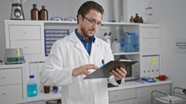 Genç İspanyol bilim adamı laboratuarda rapor yazıyor.