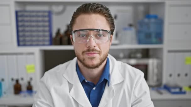 Junger Hispanischer Wissenschaftler Lächelt Selbstbewusst Und Nimmt Labor Die Brille — Stockvideo