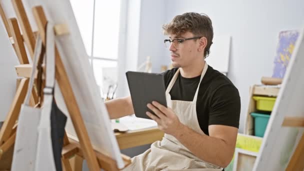 在艺术工作室用触摸板 手拿着画笔 画架上画布 戴着眼镜 迷人的年轻画师沉醉在绘画课上 — 图库视频影像