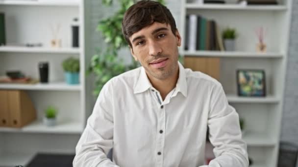 Working Joy Confident Young Hispanic Man Enjoys His Work Office — Stock Video