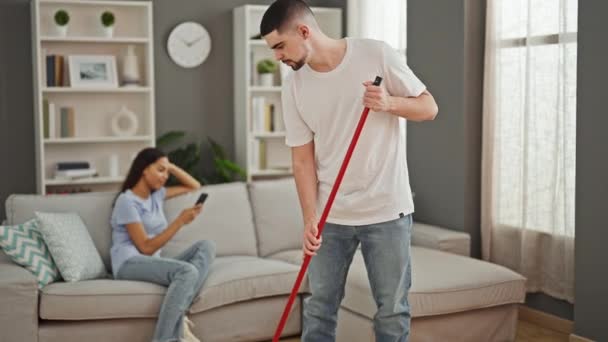 Beautiful Couple Shares Lovely Moment Cleaning Floor Home Girlfriend Seriously — Stock Video