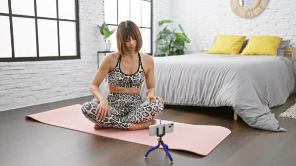 Sporty Smiling Young Hispanic Woman Beautifully Records Yoga Mat Stretching — Stock Video