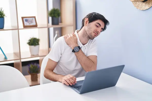 Young Hispanic Man Using Laptop Suffering Bachache Home — Stock Photo, Image