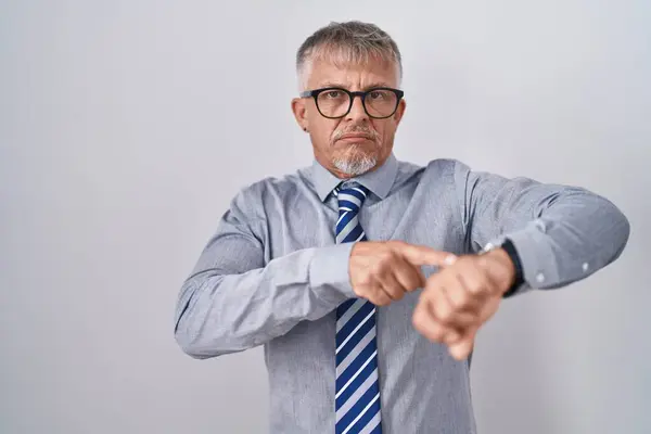 Hispanic Business Man Grey Hair Wearing Glasses Hurry Pointing Watch — Stock Photo, Image
