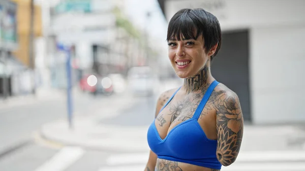 Hispanic Woman Amputee Arm Smiling Confident Standing Street — Stock Photo, Image