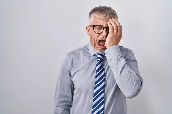 Hispanic Business Man Grey Hair Wearing Glasses Yawning Tired Covering — Stock Photo, Image