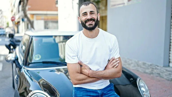 Young Hispanic Man Smiling Confident Sitting Car Arms Crossed Gesture — Stock Photo, Image
