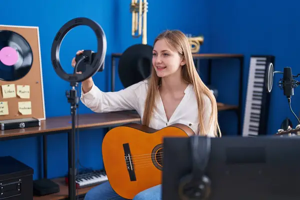 Young Caucasian Woman Musician Playing Classical Guitar Record Smartphone Music — Foto Stock