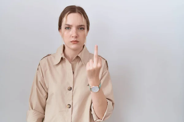 Young Caucasian Woman Wearing Casual Shirt Showing Middle Finger Impolite — Stok fotoğraf