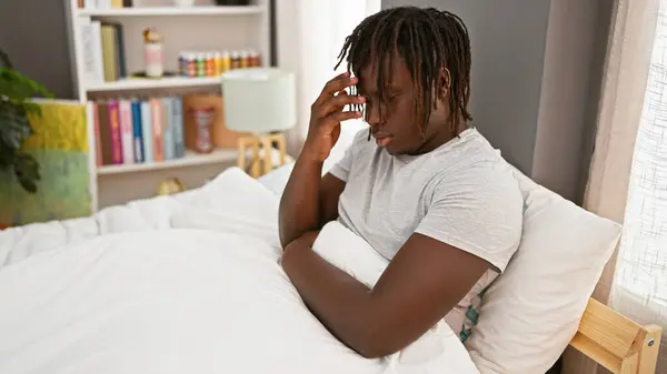 African American Man Stressed Sitting Bed Bedroom — Stock Photo, Image