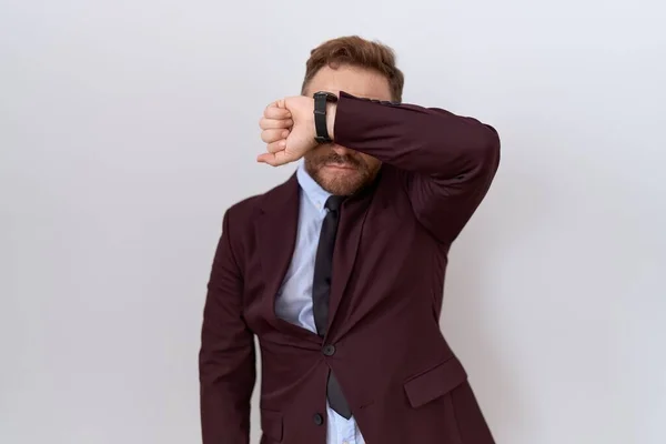 Middle Age Business Man Beard Wearing Suit Tie Covering Eyes — Stock Photo, Image