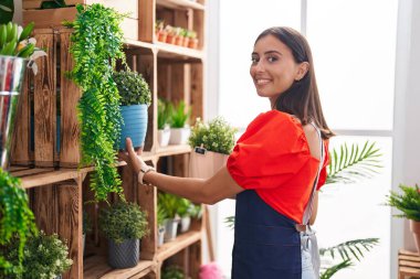 Young beautiful hispanic woman florist holding plant of shelving at florist