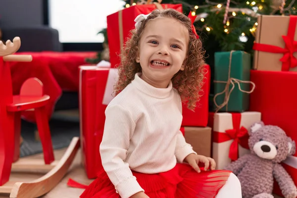 Adorable Blonde Girl Smiling Confident Sitting Floor Christmas Tree Home — ストック写真