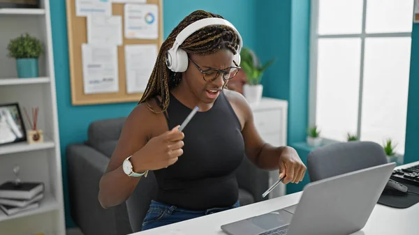 African American Woman Business Worker Listening Music Doing Drummer Gesture — Stock Photo, Image