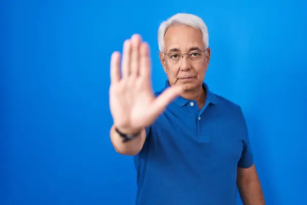 Middle Age Man Grey Hair Standing Blue Background Doing Stop — Stock Photo, Image