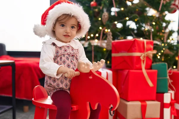 Adorable Blonde Toddler Playing Reindeer Rocking Christmas Tree Home — Stock Photo, Image