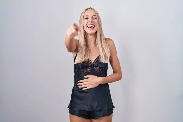 Young Caucasian Woman Wearing Nightgown Laughing You Pointing Finger Camera — Stock Photo, Image