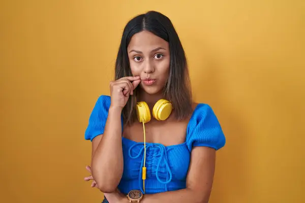 Hispanic Young Woman Standing Yellow Background Mouth Lips Shut Zip — Stock Photo, Image