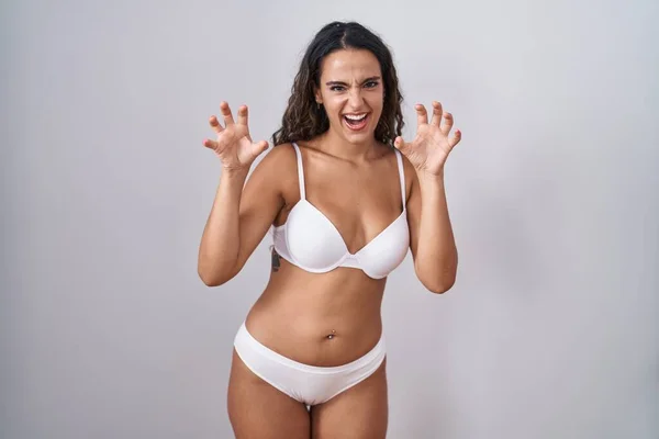 Young Hispanic Woman Wearing White Lingerie Smiling Funny Doing Claw — Stock Photo, Image
