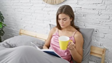 Young beautiful hispanic woman drinking cup of coffee reading book at bedroom