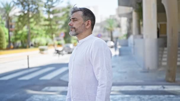 Worried Young Hispanic Man Grey Haired Beard Standing Urban Street — Stock Video