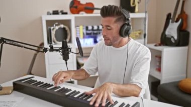 Yakışıklı bir İspanyol genç adam, çekici bir müzisyen, tutkuyla piyano çalıyor ve melodik şarkı söylüyor, sesi hissediyor, atmosferik müzik stüdyosunda kulaklık takıyor, kapalı mekanlarda konser veriyor.