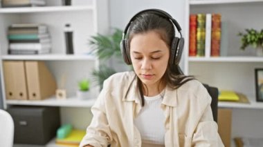 Neşeli genç İspanyol kadın, kendine güvenen güzel bir iş adamı, ofis masasında müzik zevki - iş yerinde başarının olumlu bir portresi