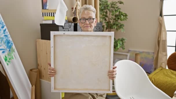 白发苍苍的资深女艺术家微笑着 握着她的艺术创作的画笔 陶醉在一个忙碌的艺术工作室里的创造力的喜悦中 — 图库视频影像