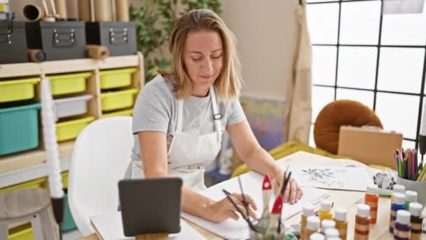 Mooie Jonge Blonde Vrouwelijke Kunstenaar Vrolijk Schetsen Notebook Met Behulp — Stockvideo