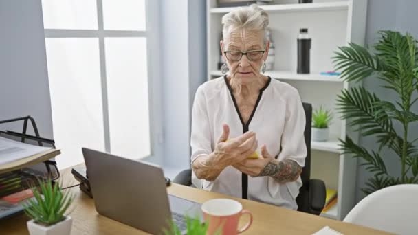 Elegant Gråhåret Seniorkvindelig Arbejdstager Smilende Mens Hun Med Succes Forvalter – Stock-video