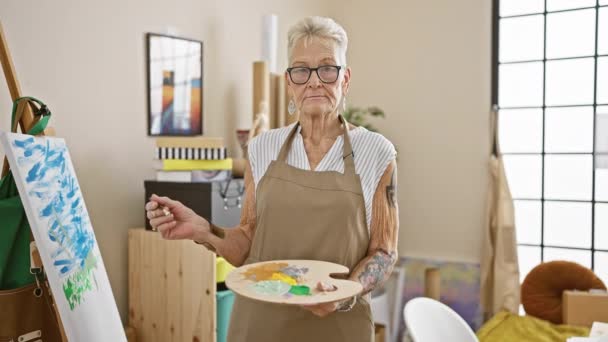 Grauhaarige Seniorin Mit Schürze Und Brille Steht Zweifelnd Ihrer Staffelei — Stockvideo