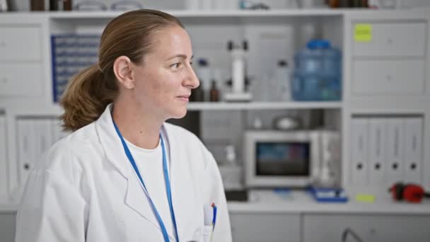 아름다운 자신감 금발의 과학자 실험실에서 실내에서 그녀의 행복을 연구를 현미경 — 비디오