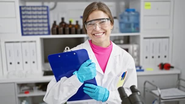Jovem Bela Mulher Hispânica Cientista Sorrindo Confiante Segurando Prancheta Laboratório — Vídeo de Stock
