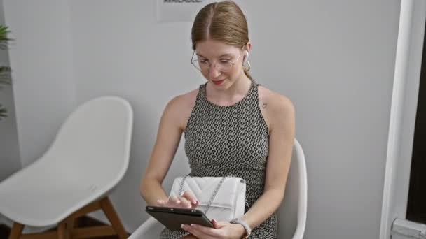 Mujer Rubia Joven Sentada Silla Usando Touchpad Auriculares Sala Espera — Vídeo de stock