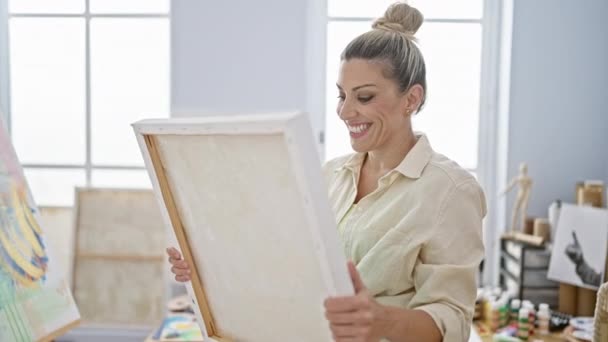 年轻的金发女艺术家带着自信的笑容在艺术工作室里画画 — 图库视频影像
