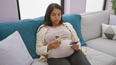Ciddi, hamile, Latin bir kadın evdeki kanepeye konsantrasyonunu sağlıyor. İnternetten alışveriş yaparken, mesajlaşırken, kredi kartıyla ödeme yaparken rahatlıyor. Akıllı telefon teknolojisi kullanıyor.
