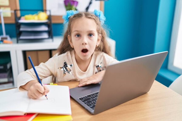 Young little girl sitting on the table doing homework with laptop scared and amazed with open mouth for surprise, disbelief face 