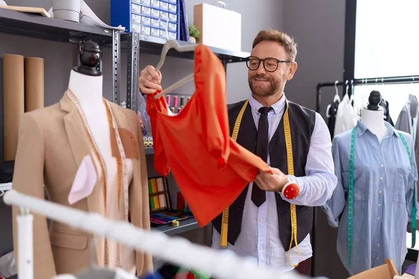 Middle Age Man Tailor Smiling Confident Holding Shirt Atelier — Stockfoto