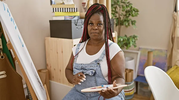 Belle Artiste Afro Américaine Dessinant Avec Visage Sérieux Exprimant Créativité — Photo