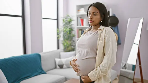 Emotional Young Pregnant Woman Gently Touching Her Belly Deep Thought — Stock Photo, Image