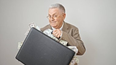 Orta yaşlı, gri saçlı, iş adamı. Elinde dolarlarla dolu bir çanta var. İzole edilmiş beyaz arka planda gülümsüyor.